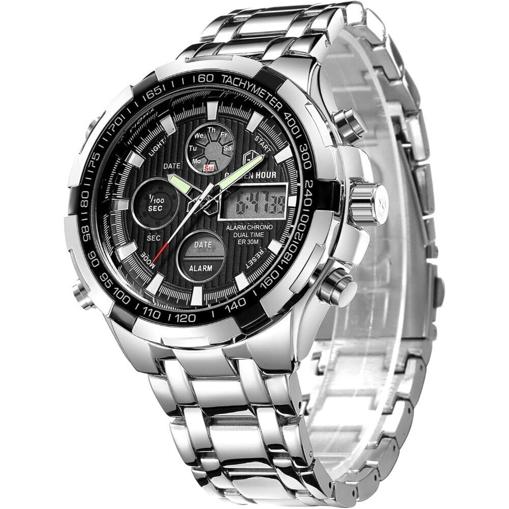 Luxury Stainless Steel Analog Digital Watches for Men Male Outdoor Sport Waterpr